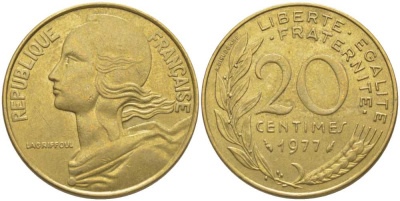ФРАНЦИЯ 20 САНТИМОВ 1977 ТИП MARIANNE KM 930, LE FRANC 156.17 алюминиевая бронза 175-845
