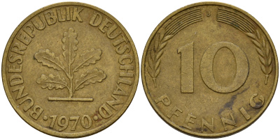 ФРГ 10 пфеннигов 1970 J J. 383, KM 108 сталь плакированная латунью    4603-347