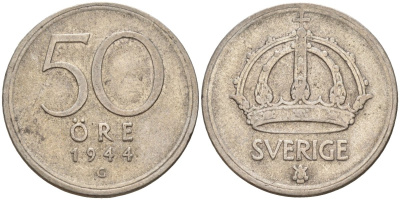 Швеция 50 эре 1944 G, Густав V (1907-1950) KM 817 серебро 4148-844