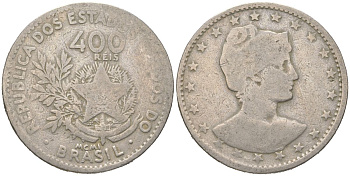 Бразилия 400 реалов 1901 MCMI, голова свободы вправо KM 505 медно-никель 4612-526