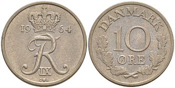 Дания 10 эре 1964 C; S, Фредерик IX (1947-1972) KM 849.1 медно-никель 187-646