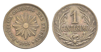 Уругвай 1 сентесимо 1924 KM 19 медно-никель 4658-743