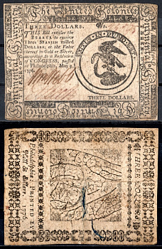 США, Континентальный доллар (Continental Currency) 3 доллара 1776 9 мая 1776 г. № 25895. Орел нападает на цаплю, листья фруктов. Friedberg № СС-33. Pick S125 бумага 451-972-2