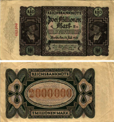 ГЕРМАНИЯ 2000000 МАРОК 1923 23 ИЮЛЯ 1923, ДЛИННА НОМЕРА 16 ММ., ВОДЯНОЙ ЗНАК L Pick 89а, Rosenberg 89а бумага 8616-17-1-1