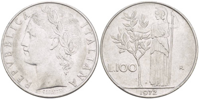 ИТАЛИЯ 100 ЛИР 1972 R, АФИНА У ОЛИВКОВОГО ДЕРЕВА KM 96.1 нержавеющая сталь 4545-645