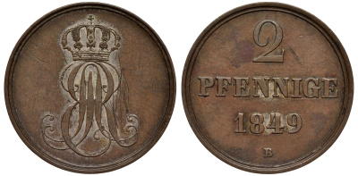 Ганновер 2 пфеннига 1849 B, Эрнст Август (1837-1851) KM 202.1, AKS 124, J. 75 медь 75-1934