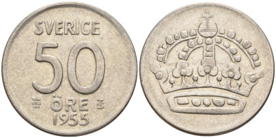 Швеция 50 эре 1955 TS, Густав VI Адольф (1950-1973) KM 825 серебро 4148-935