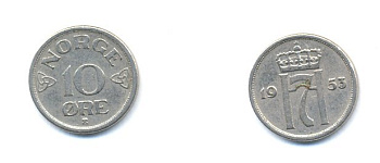 НОРВЕГИЯ 10 ЭРЕ 1952 KM 396 медно-никель 4379-947