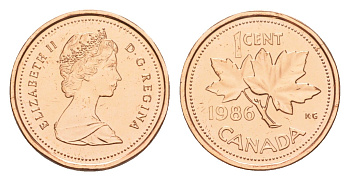 Канада 1 цент 1986 Елизавета II (1952-2022), кленовый лист KM 132 бронза PROOF-LIKE (BU) 4639-363