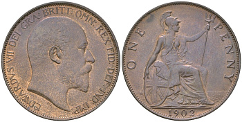 Великобритания 1 пенни 1902 Эдуард VII (1901-1910) KM 794.2, Spink 3990 бронза  aUNC  4590-1045