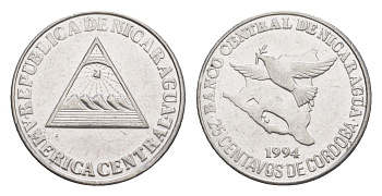 Никарагуа 25 сентаво 1994 KM 82 хромированная сталь 4640-1037