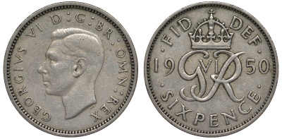 Великобритания 6 пенсов 1950 Георг VI (1936-1952) KM 875, Spink 4110 медно-никель 4128-824