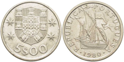 ПОРТУГАЛИЯ 5 ЭСКУДО 1980 ПАРУСНИК KM 591 медно-никель 4390-217