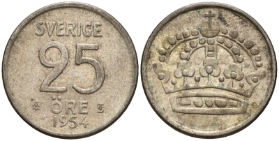 Швеция 25 эре 1954 TS, Густав VI Адольф (1950-1973) KM 824 серебро 4147-1037
