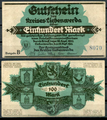 Германия, Либенверда 100 марок 1922 нотгельд, 16.09.1922, серия B, 4 цифры в номере M. 2720.3 бумага UNC (пресс) 00-00
