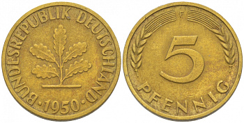 ФРГ 5 ПФЕННИГОВ 1950 F KM 107, J.382 сталь плакированная латунью 3996-1136