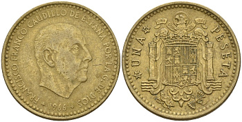 Испания 1 песета 1966 (72) Франсиско Франко (1939 - 1975) KM 796 алюминиевая бронза 4155-357