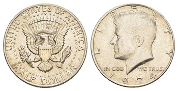 США 1/2 доллара (50 центов) 1974 Джон Кеннеди KM 202b медь плакированная медно-никелем aUNC 4536-843