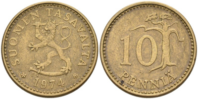 ФИНЛЯНДИЯ 10 ПЕННИ 1974 S KM 46 алюминиевая бронза 192-1038