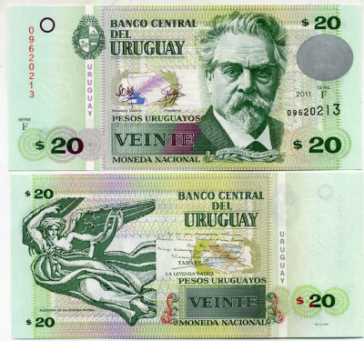 Уругвай 20 песо 2011 Хуан Соррилья де сан Мартин, поэт Pick 86 b бумага UNC (пресс) 447-70-8-2