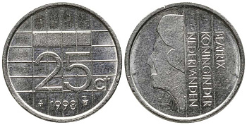 Нидерланды 25 центов 1998 Беатрикс (1980-2013) KM 204 никель 39-1259
