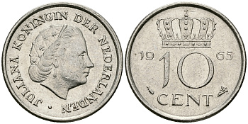 Нидерланды 10 центов 1965 Юлиана (1949-1980) KM 182 никель 96-352