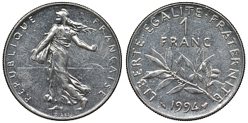 Франция 1 франк 1994 сеятель KM 925.1, Le Franc 226.42 никель 4128-437