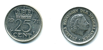 НИДЕРЛАНДЫ 25 ЦЕНТОВ 1971 ЮЛИАНА KM 183 никель 76-519