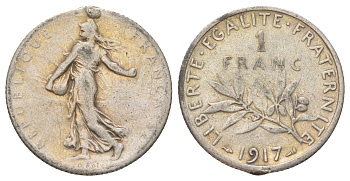 Франция 1 франк 1917 KM 844 серебро 4622-1116
