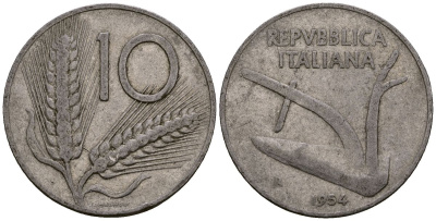 Италия 10 лир 1954 KM 93 алюминий 4177-845