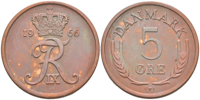 Дания 5 эре 1966 C; S, Фредерик IX (1947-1972) KM 848.1 бронза UNC 106-215