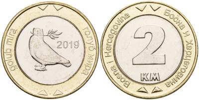 Босния и Герцеговина 2 конвертируемых марки 2019 KM 119 биметалл UNC M58-13