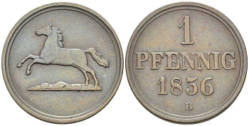 БРАУНШВЕЙГ-ВОЛЬФЕНБЮТТЕЛЬ 1 ПФЕННИГ 1856 В, ВИЛЬГЕЛЬМ (1831-1884) KM 1142 медь 210-152