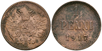 Россия для Финляндии 1 пенни 1917 временное правительство (03.19817-10.1917), без короны KM 16, Биткин 5 медь 4580-1251