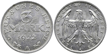 Германия 3 марки 1922 A, третья годовщина Веймарской Конституции KM 29, J. 303 алюминий 38-242