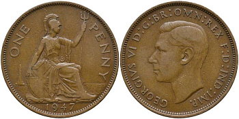 Великобритания 1 пенни 1947 Георг VI (1936-1952) КМ 845, Spink 4114 бронза 115-432