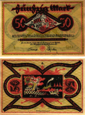 ДОРТМУНД 50 МАРОК 1922 НОТГЕЛЬД, 10 ОКТЯБРЯ 1922, ЗЕМЛЯ СЕВЕРНЫЙ РЕЙН-ВЕСТФАЛИЯ Muller 1065.10 бумага 6300-35-1-1