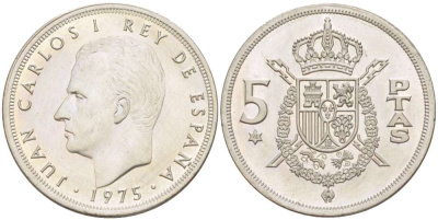 Испания 5 песет 1975 (76) Хуан Карлос I (1975-2014) KM 807 медно-никель 4519-926