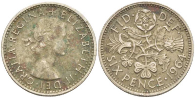 Великобритания 6 пенсов 1964 Елизавета II (1952-2022) KM 903, Spink 4149 медно-никель 175-624