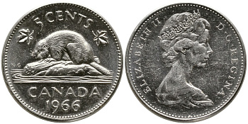 Канада 5 центов 1966 Елизавета II (1952-2022), бобер KM 60.1 никель 4543-641