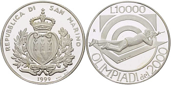 Сан-Марино 10000 лир 1999 XXVII летние Олимпийские игры 2000 года в Сиднее, стендовая стрельба KM 398 серебро PROOF 00-000-00