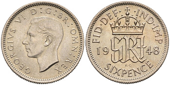 Великобритания 6 пенсов 1948 Георг VI (1936-1952) KM 862, Spink 4105 медно-никель аUNC 92-632