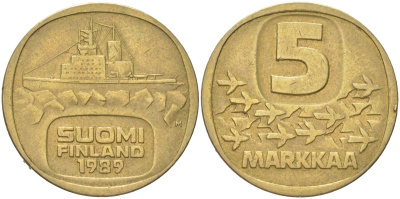 Финляндия 5 марок 1989 M KM 57 алюминиевая бронза 4142-1042