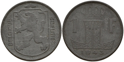 Бельгия 1 франк 1943 Belgique - Belgie, Леопольд III (1934-1947), германская оккупация, Вторая мировая война KM 127 цинк 4161-524