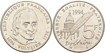 Франция 5 франков 1994 300 лет со дня рождения Вольтера KM 1063, Le Franc 344.2 медно-никель плакированный никелем 111-846
