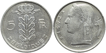 Бельгия 5 франков 1972 Belgique, Бодуэн I (1951-1993) KM 134.1 медно-никель 4606-1115