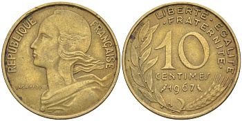 Франция 10 сантимов 1967 тип Marianne KM 929, LE FRANC 144.7 медь алюминий никель 4511-824