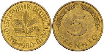ФРГ 5 пфеннигов 1980 J J.382, KM 107 сталь плакированная латунью    4598-1026