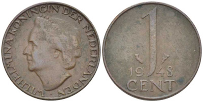 НИДЕРЛАНДЫ 1 ЦЕНТ 1948 ВИЛЬГЕЛЬМИНА (1890-1948) KM 107 бронза 214-1013