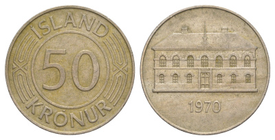 Исландия 50 крон 1970 здание парламента в Рейкьявике KM 19 медно-никель 4645-441